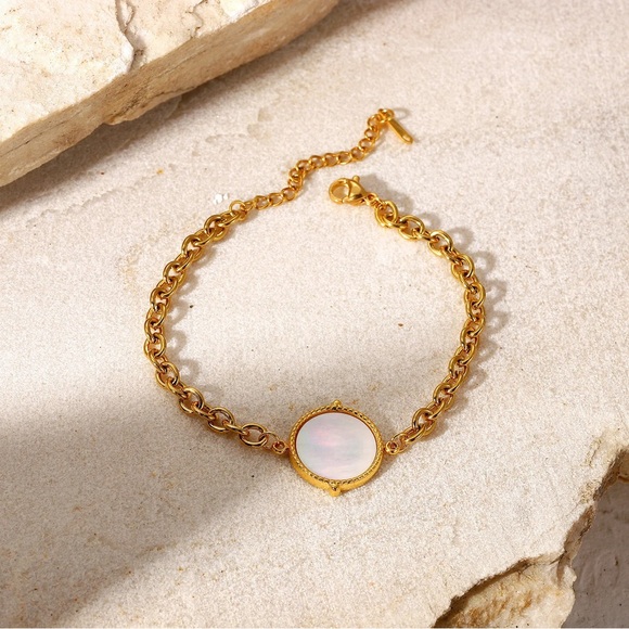 18K Gold Plated Watchband Bracelet*Dainty Minimalist Mother Of Pearl*JD - Picture 2 of 4